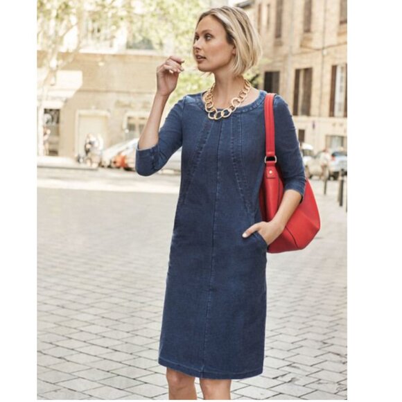 Boden Stretch Denim Chambray Jersey Hannah 3/4 Sleeve dress size 12L - Picture 1 of 14
